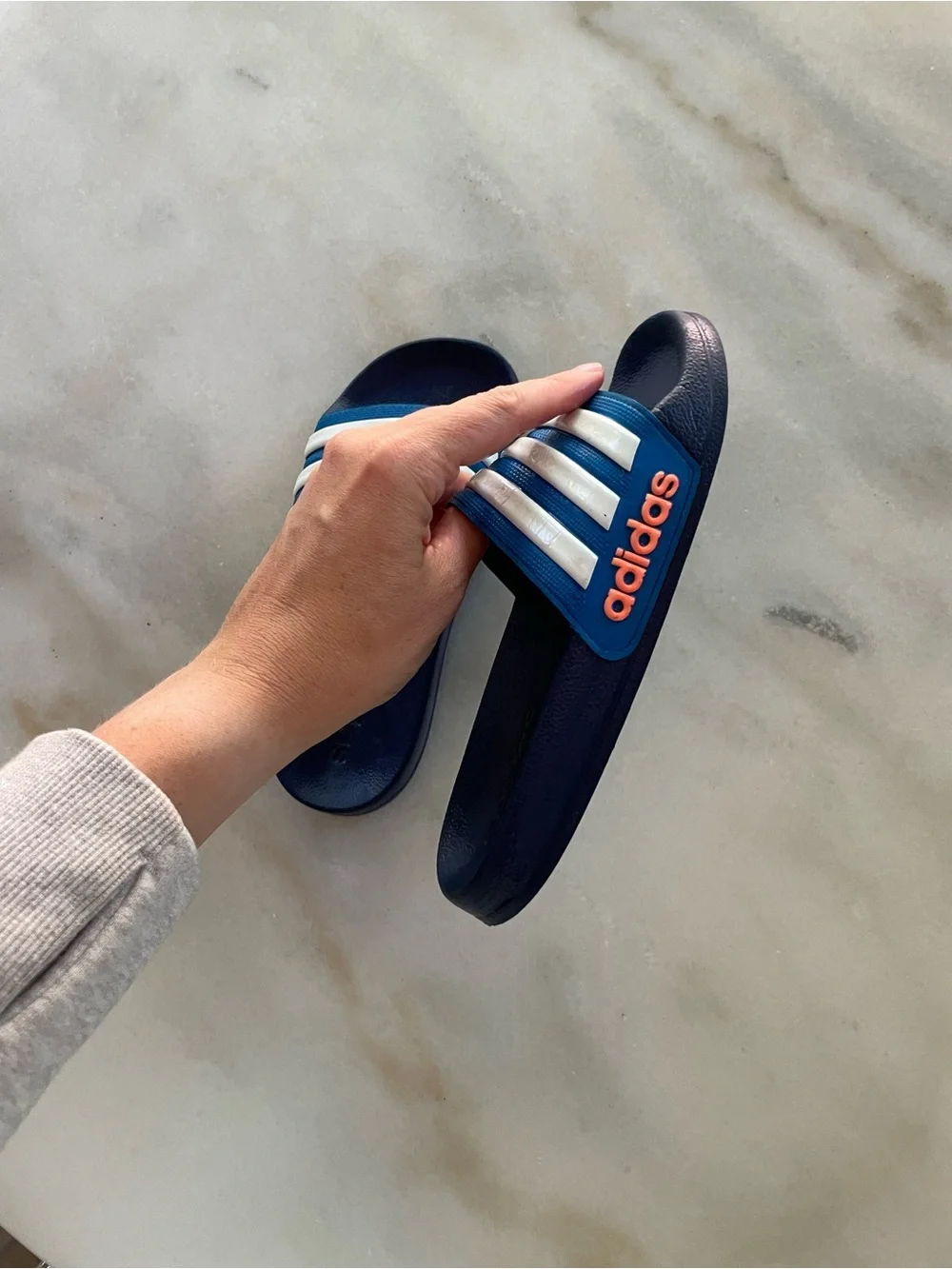 adidas Navy Slides with White Stripes